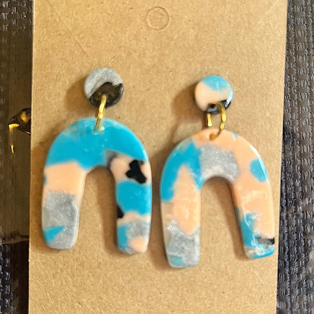 NEW Faux Stone Swirl Polymer Clay U Dangle Stud Earrings